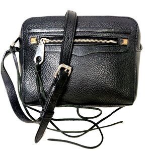 REBECCA MINKOFF BLACK GENUINE LEATHER SHOULDER BAG HANDBAG ZIP TOP CAMERA BAG